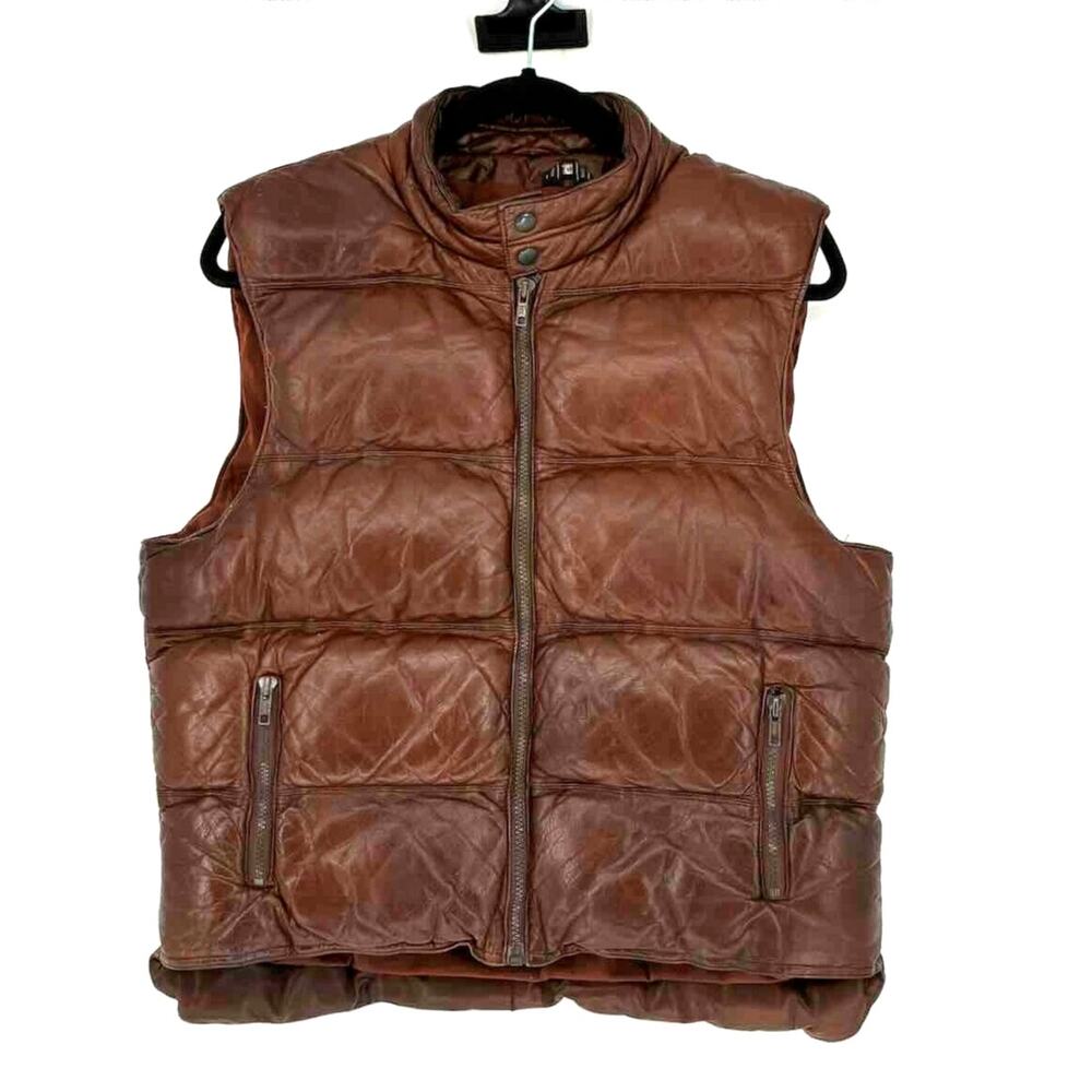 Vtg 80s Henry Grethel Men's Dark Brown Leather Full Zip Puffer Vest - Size M